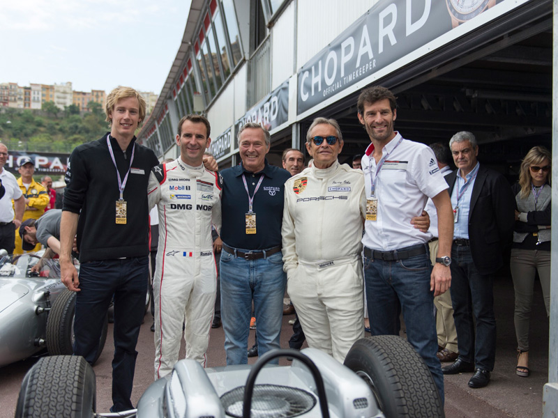 Karl-Friedrich Scheufele con Mark Webber, Brendon Hartley, Romain Dumas y Jacky Ickx.