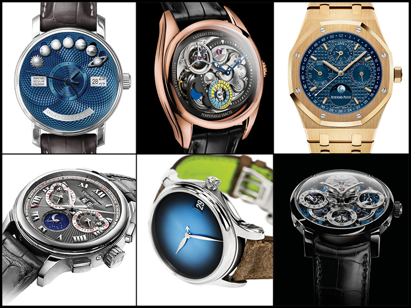 Arriba: Andersen Genève Perpetual Secular Calender 20th Anniversary Blue Gold Dial; Andreas Strehler Lune Exacte; Audemars Piguet Royal Oak Perpetual Calendar. Abajo: Chopard L.U.C Perpetual Chrono; H. Moser & Cie Endeavour Perpetual Calendar Concept Funky Blue; MB&F Legacy Machine Perpetual.