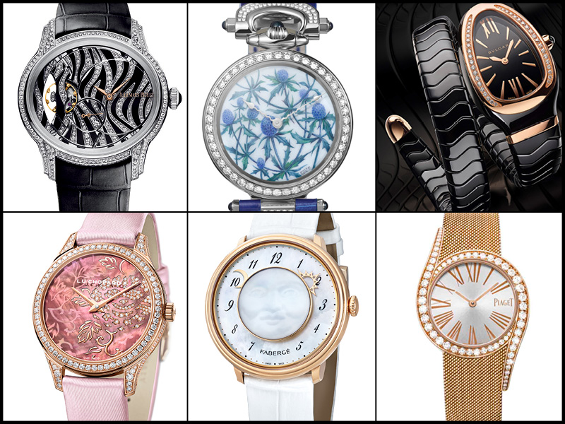 Arriba: Audemars Piguet Millenary; Bovet 1892 Blue Thistles; Bulgari Serpenti Spiga. Abajo: Chopard L.U.C XP 35 mm Esprit de Fleurier Peony; Fabergé Lady Levité; Piaget Limelight Gala Milanese Bracelet.