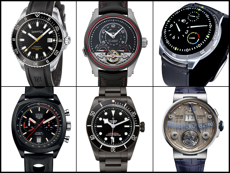 Arriba: Eberhard & Co Scafograf 300; Montblanc TimeWalker Exo Tourbillon MInute Chronograph Limited Edition; Ressence Type 5B. Abajo: TAG Heuer Monza Chronograph; Tudor Heritage Black Bay Dark; Ulysse Nardin Grand Deck Marine Tourbillon.