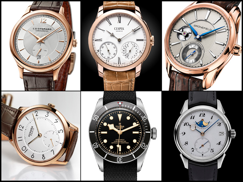 Arriba: Chopard L.U.C XPS 1860; Czapek & Cie 33 Bis Quai des Bergues; Grönefeld 1941 Remontoire. Abajo: Hermès Slim d'Hermès Email; Tudor Heritage Black Bay; Urban Jurgensen Reference 2340.