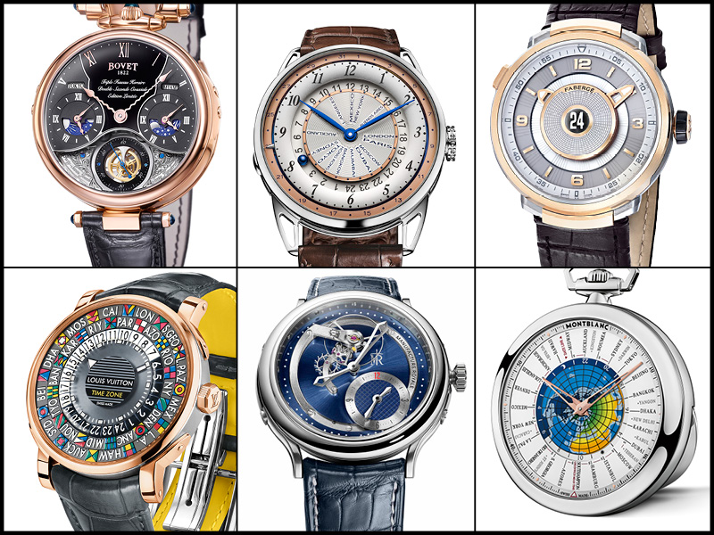 Arriba: Bovet 1822 Virtuoso VI Triple Time Zone; De Bethune DB25 World Traveller; Fabergé Visionnaire DTZ. Abajo: Louis Vuitton Escale Time Zone; Manufacture Royale 1770 Haute Voltige; Montblanc 4810 Orbis Terrarum Pocket Watch 110 Years Edition.
