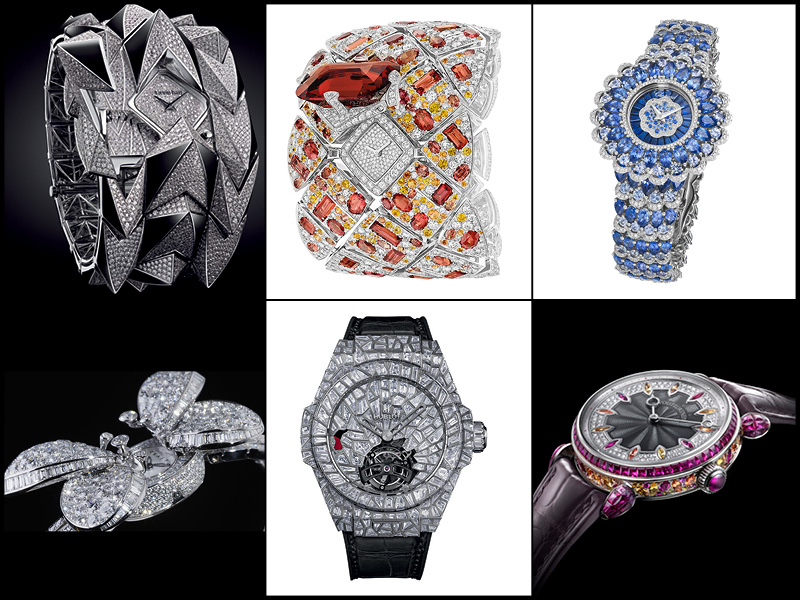 Arriba: Audemars Piguet Diamond Fury; Chanel Watch Signature Grenat; Chopard Precious Watch. Abajo: Graff Princess Butterfly, Hublot Big Bang Impact Bang; Voutilainen Scintillante.