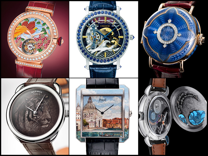 Arriba: Bulgari LVCEA Tourbillon II Giardino Paradiso; Credor Fugaku Tourbillon; H. Moser & Cie. Perpetual Calendar Heritage Limited Edition. Abajo: Hermès Arceau Tigre; Piaget Protocolo XXL Secrets & Lights Venice Micro-Mosaic; Voutilainen Triton et Sirène.