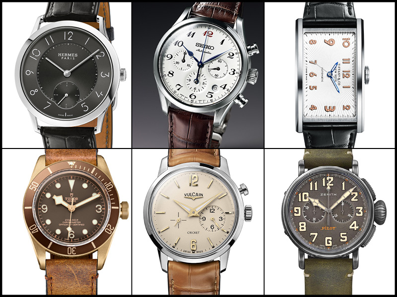 Arriba: Hermès Slim d'Hermès; Seiko Presage Automatic Chronograph Enamel Dial; Tiffany & Co East West Automatic. Abajo: Tudor Black Bay Bronze; Vulcain 50s Presidents' Watch Tradition; Zenith Pilot Ton-Up.