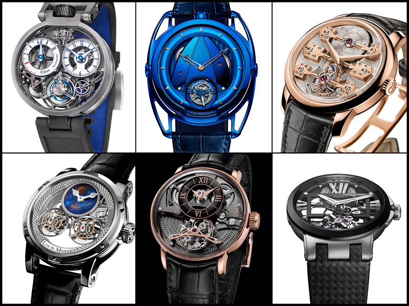 Arriba: Bovet 1822 Ottantasei Flying Tourbillon; De Bethune DB28 Kind of Blue Tourbillon; Girard-Perregaux La Esmeralda Tourbillon. Abajo: Louis Moinet Sideralis Evo; Rudis Sylva RS 16 Harmonious Oscillator; Ulysse Nardin Executive Skeleton Tourbillon.