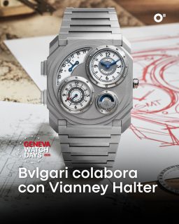#GenevaWatchDays | Por primera vez, @bvlgari colabora con un relojero independiente para el Octo Finissimo y lo hace junto a @vianney_halter_official. El resultado es el Octo Finissimo Dual Time x Vianney Halter, una pieza de estética steampunk inspirada en el reloj Antiqua que Halter presentó en 1998.
Horas y minutos, GMT, fecha y día/noche conviven en su arquitectura nada convencional. La colaboración llega en dos ediciones limitadas: titanio, con 30 piezas, y oro rosa, con solo 15.
#TiempoDeRelojes #Bvlgari #VianneyHalter