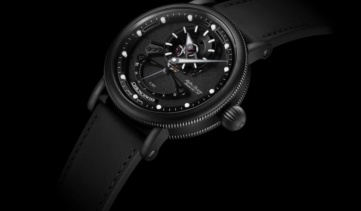 Vista en tres cuartos del Open Gear ReSec Black Ice de Chronoswiss