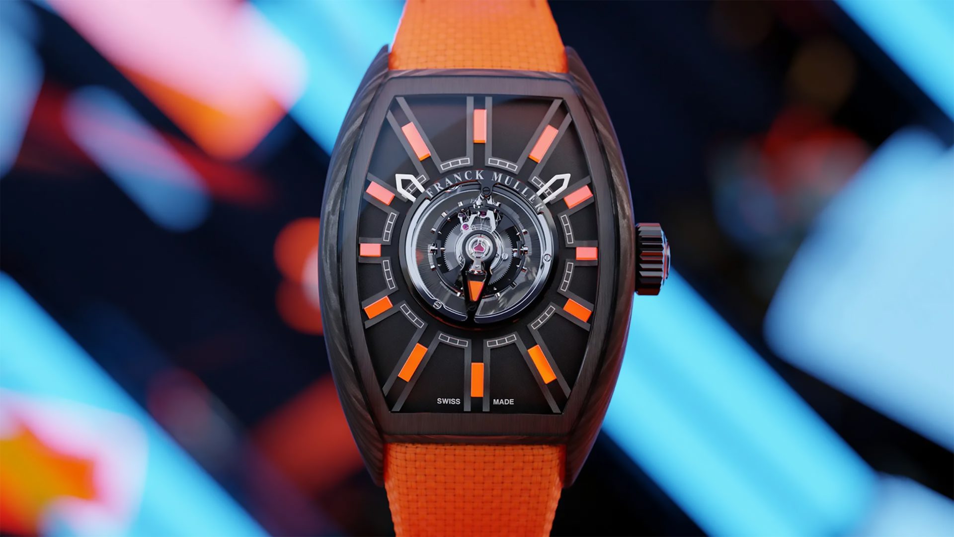 El tourbillon central de Franck Muller, el primero de la industria alojado en una caja tonneau, adopta un look eléctrico y futurista.