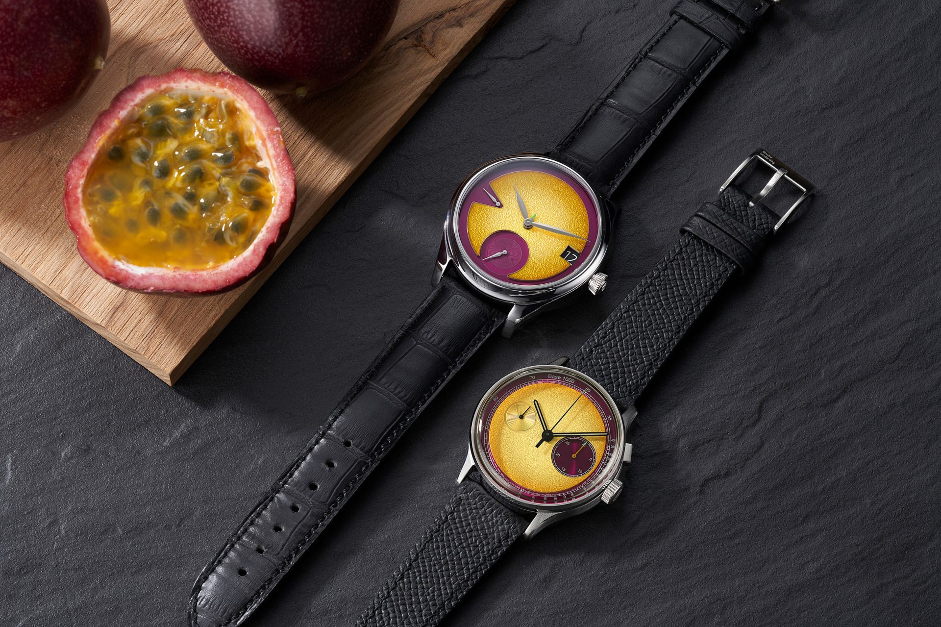 HMoser_1800-1200_Endeavour_Perpetual_Calendar_StudioUnderd0g_03PFB_03SERIES_Passion-Fruit__Lifestyle_dark_flat_passion_fruit_cut