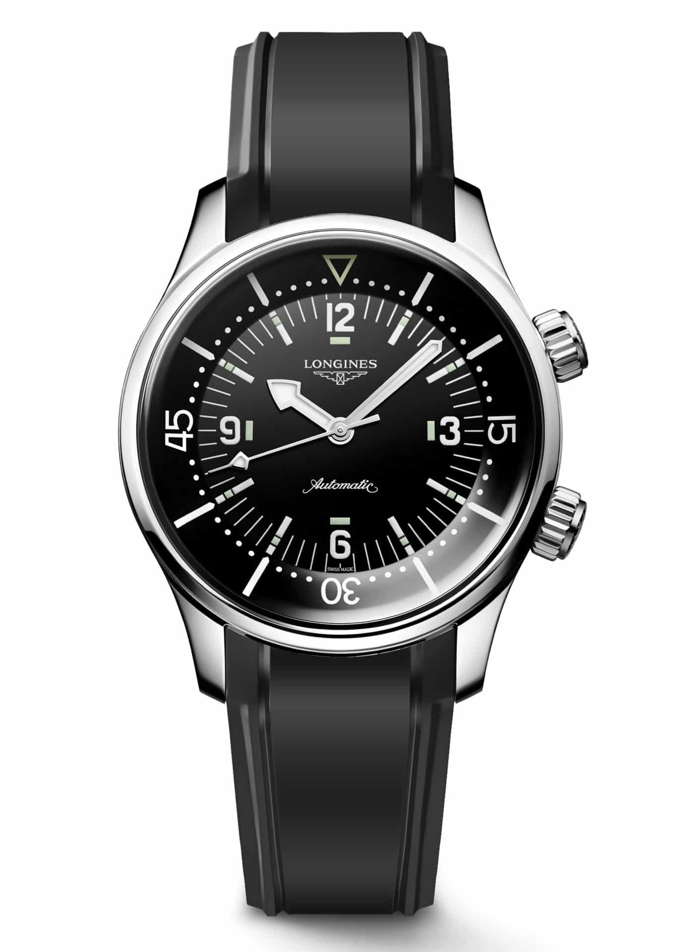 Longines Legend Diver con esfera negra y correa de caucho