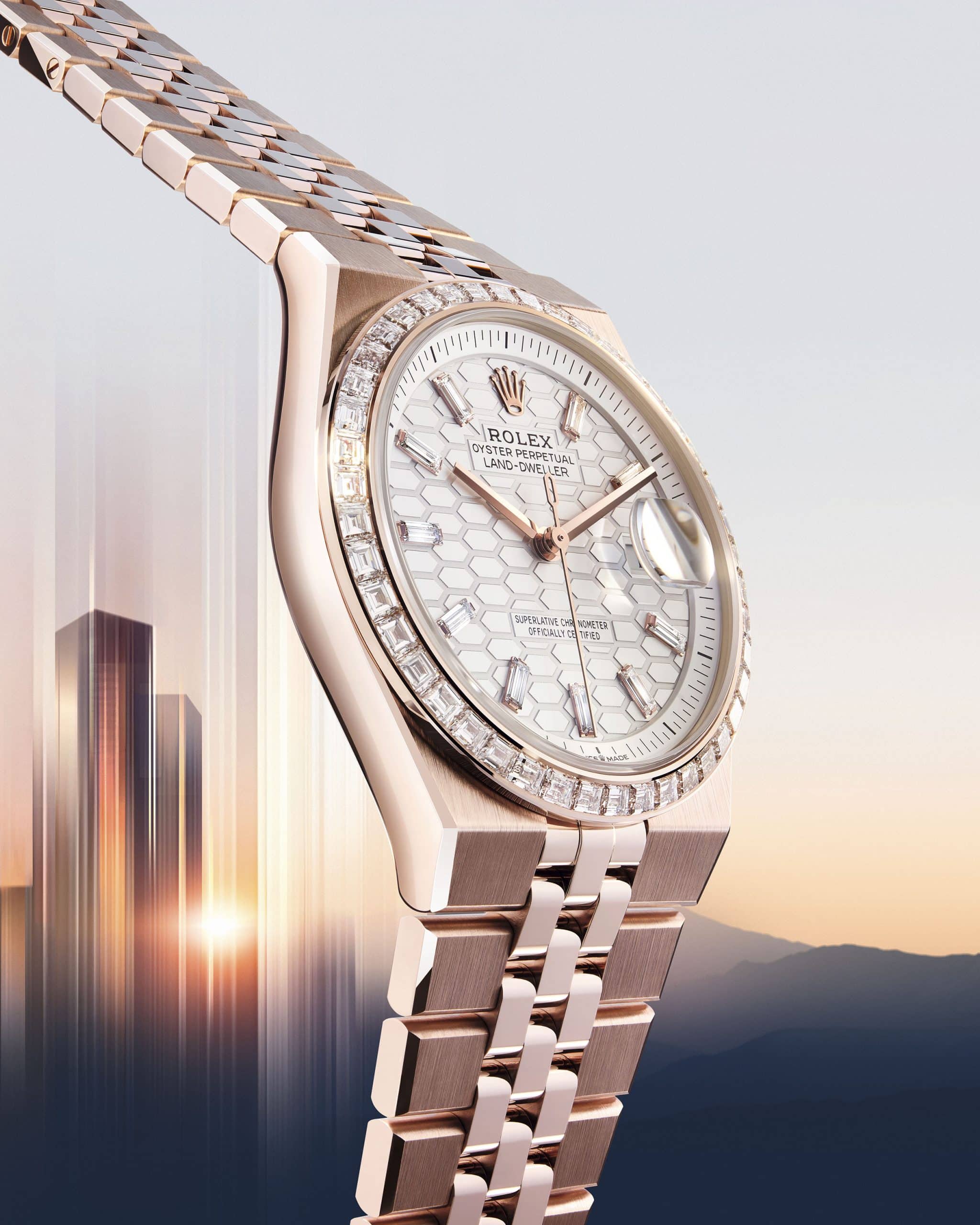 Rolex Oyster Perpetual Land-Dweller en oro Everose con diamantes.